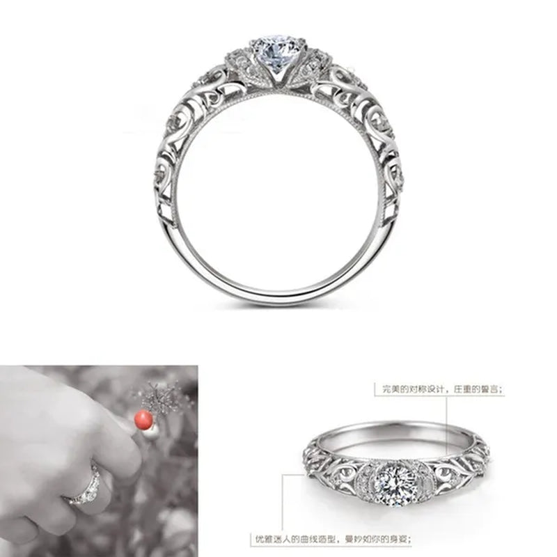 925 Sterling Silver Classical Baroque Pattern Carved White Sapphire Bride Wedding Engagement Ring Jewelry Size 4 5 6 7 8 9 10 11 12 13