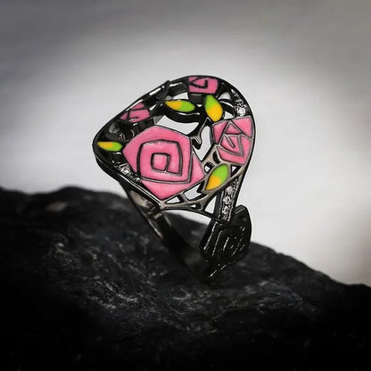 Fashion Personality Black Rose Lady Flower Ring 925 Silver Jewelry Hand-Painted Oil Painting Handmade Enamel Ring Women Jewelry