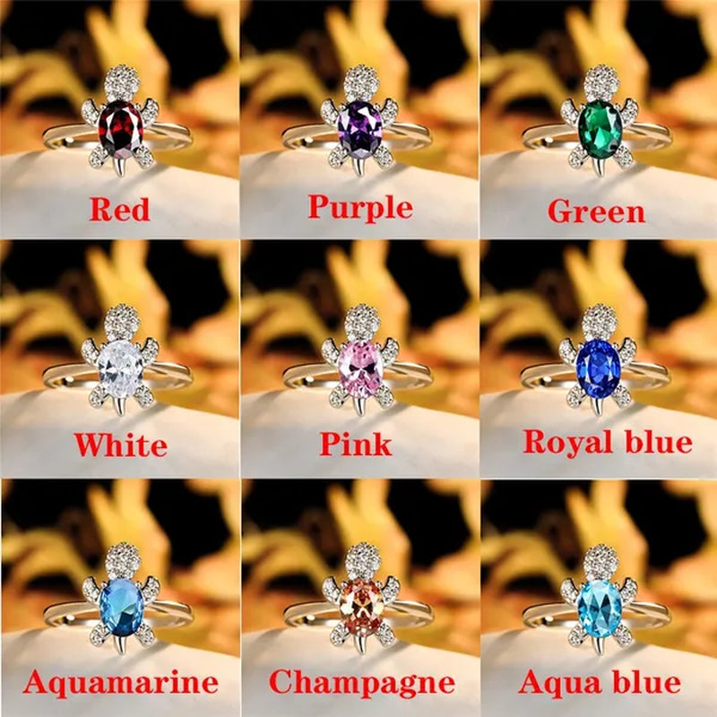 Rainbow Stone Turtle Rings Cute Animal Sea Turtle Ring White Sapphire Diamond Ring Ocean Style Turtle Aquamarine Crystals Rings for Women and Men Birthday Party Anniversary Gift Wedding Engagement Ring Jewelry 14 Colors Size 5-11