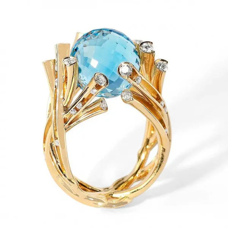 Blue Crystal Ball Ring Blue Stone Ring Branch Inlaid Zircon Rings for Women Romantic Valentine's Day Gift Anniversary Engagement Wedding Ring Jewelry