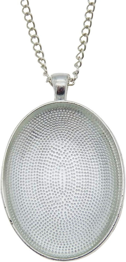 10 Sets Oval Bezel Pendant Kit with Glass Cabochon and Chain for Jewelry Making Necklace Silver 40X30Mm