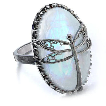 Antique Silver Dragonfly Ring Women's Vintage Big Moonstone Murdoch Diamond Dragonfly Ring Anniversary Gift Engagement Party Wedding Jewelry Rings Size 5-10