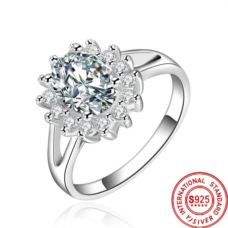 NEW 925 Sterling Silver Shiny Crystal Flower Rings for Women Fashion Wedding Party Gifts Girl Student Charm Jewelry