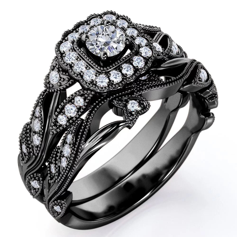 round Diamond - Edwardian Diamond Filigree Ring - Art Deco Style - Wedding Ring Set in 10K Black Gold