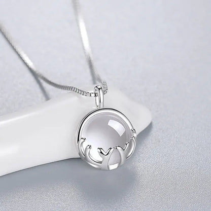 Fine Silver Color Antlers Shape Bezel Setting round Cut Moonstone Pendant Necklace for Women Romantic Wedding Jewelry Gift