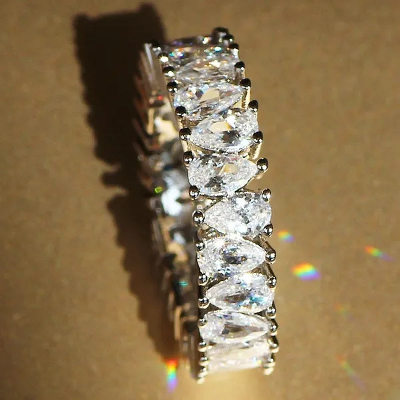 Luxurious Silver Natural Gemstones White Sapphire Wedding Birthstone Bride Flower Engagement Ellipse Drop Ring Jewelry Size 6 7 8 9 10