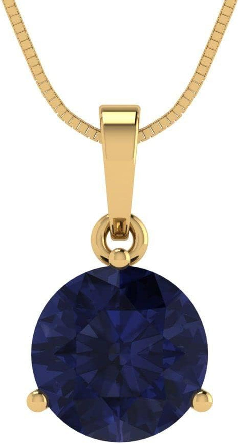 2.0 Ct round Cut Genuine Simulated Blue Sapphire Martini Style Solitaire Pendant with 18" Gold Chain Box 18K Yellow Gold