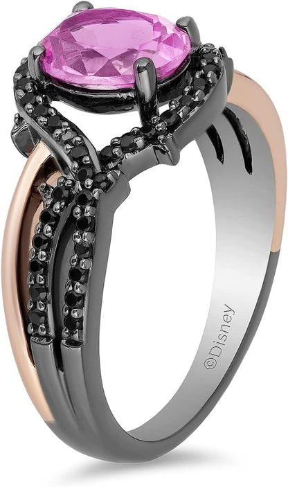 Enchanted Disney Fine Jewelry 14K Rose Gold over Sterling Silver with Black Rhodium Oval Created Pink Sapphire and 1/4 Cttw Treated Black round Diamond Maleficent Ring