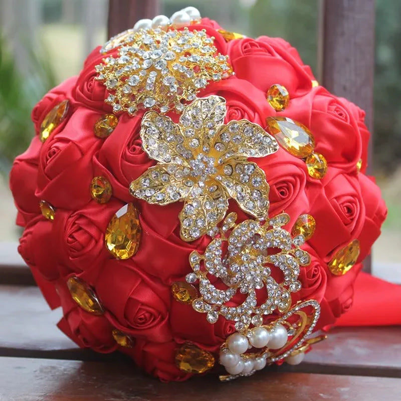 Private Custom 18CM Wedding Bouquet Luxury Gold Crystal Brooch Bride Bouquet Pure Handmade Silk Rose Ribbon Wedding Bride Holding Flowers Multi-Color Optional