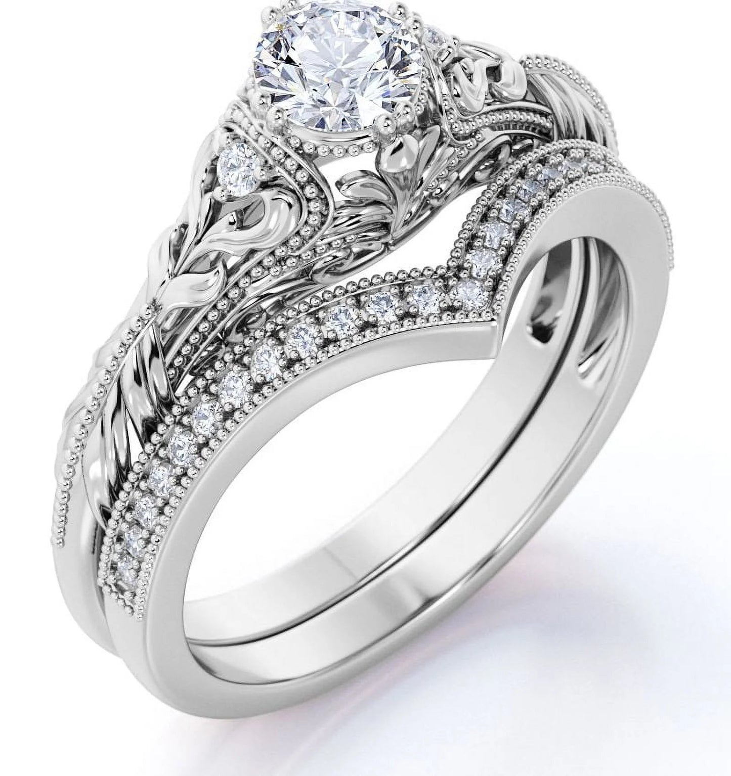 Engraved .68 Carat round Cut Real Diamond Victorian-Inspired Wedding Ring Set with Chevron Wedding Band in 10K White Gold
