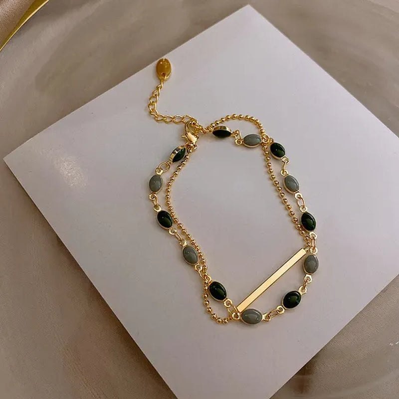 Blue Green Color Crystal Charm Bracelets for Women Gold Color Beaded Chain Double Layered Adjustable Bracelet Accessories