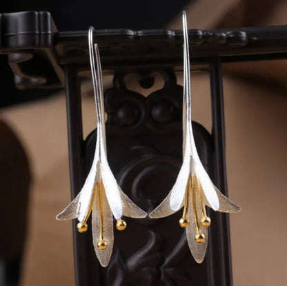 2020 Elegant Women Vintage Orchid Shape Long Hook 925 Sterling Silver Earrings Socialite Eardrop Jewelry Gift