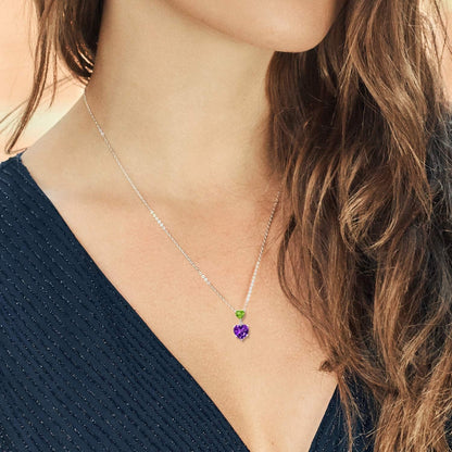 925 Sterling Silver Purple Amethyst and Green Peridot Double Heart Pendant Necklace for Women (2.10 Cttw, Heart 8MM and 5MM, with 18 Inch Silver Chain)