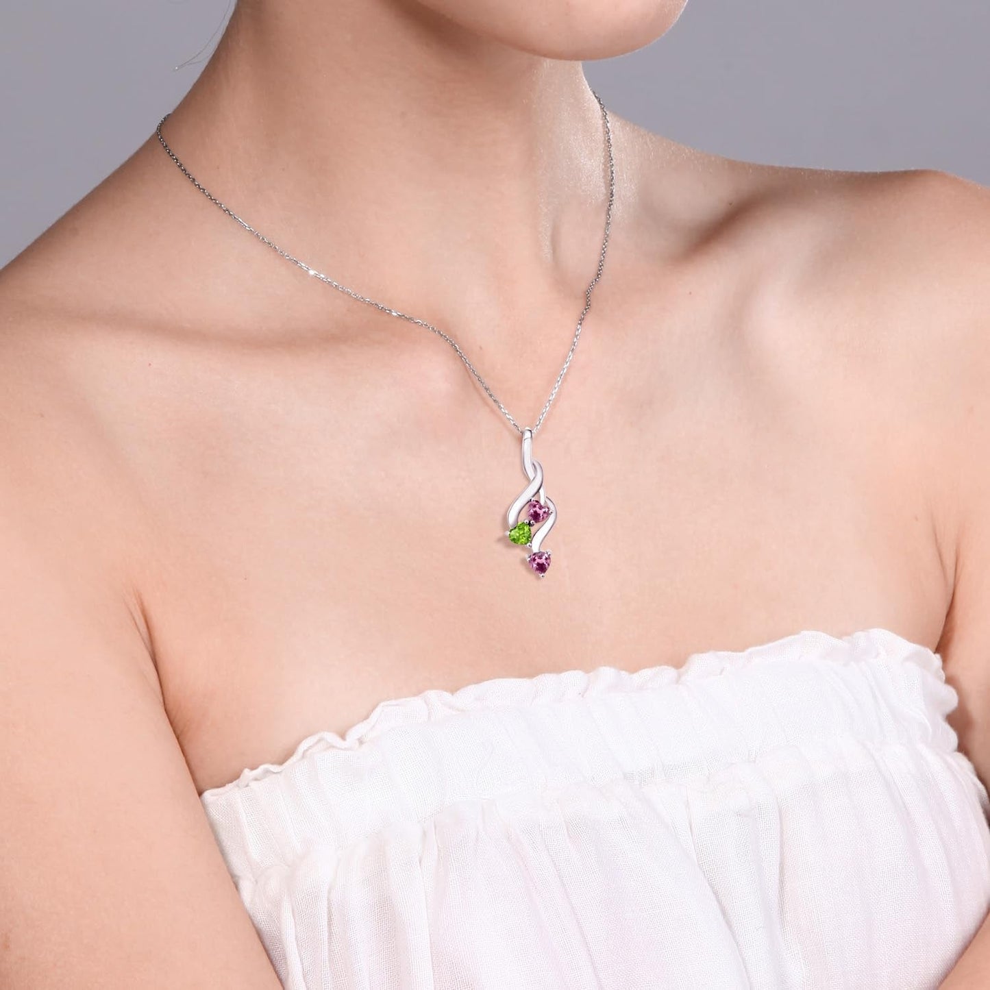 925 Sterling Silver Pink Tourmaline and Green Peridot Pendant Necklace for Women (0.68 Cttw, Gemstone October Birthstone, Heart Shape 4MM, with 18 Inch Silver Chain)