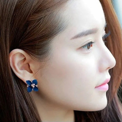 18K Gold Plated White Crystal Colorful Enamel Leaves Flower Omega Back Earrings Stud Earrings for Women Ladies Girls Jewelry