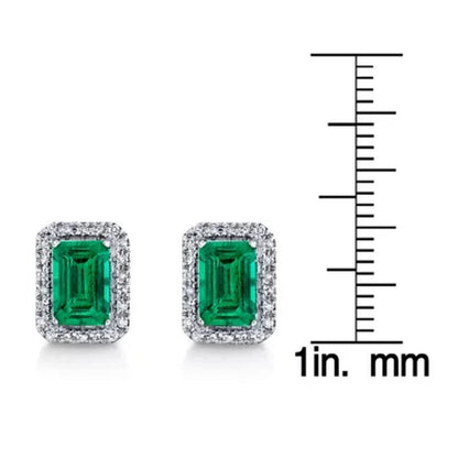 925 Sterling Silver Lab Created Emerald and 0.11 CT. T.W. Diamond Stud Earrings