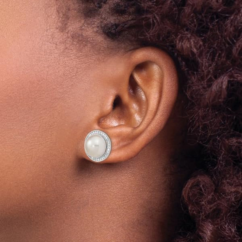 925 Sterling Silver 10 11Mm Button Freshwater Cultured Pearl Cubic Zirconia CZ Stud Earrings