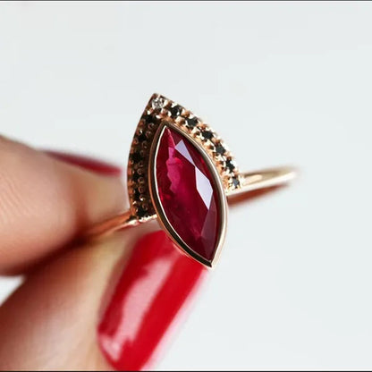 Unique Natural Rhombus 2 in 1 Ruby Engagement Ring Marquise Bridal Wedding Ring with Black Diamonds Women Ruby Ring Diamond Fine Jewelry Set （Size 5-11）