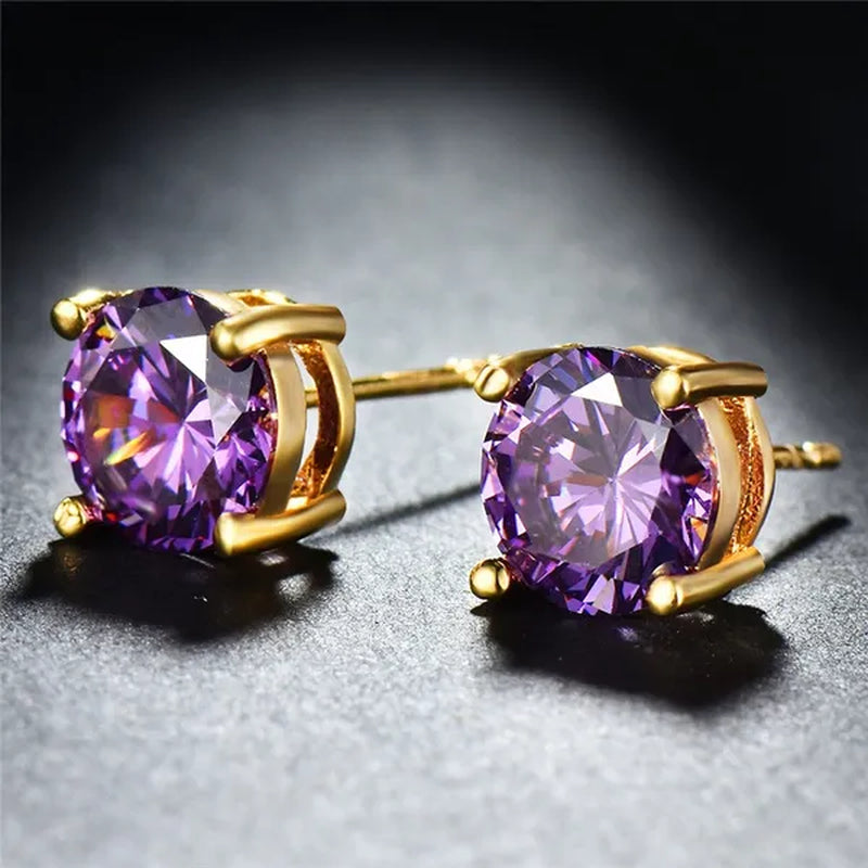 Elegant Round Cut Amethyst Topaz Lab-created Yellow Gold Ear Studs Fashion Earrings for Women