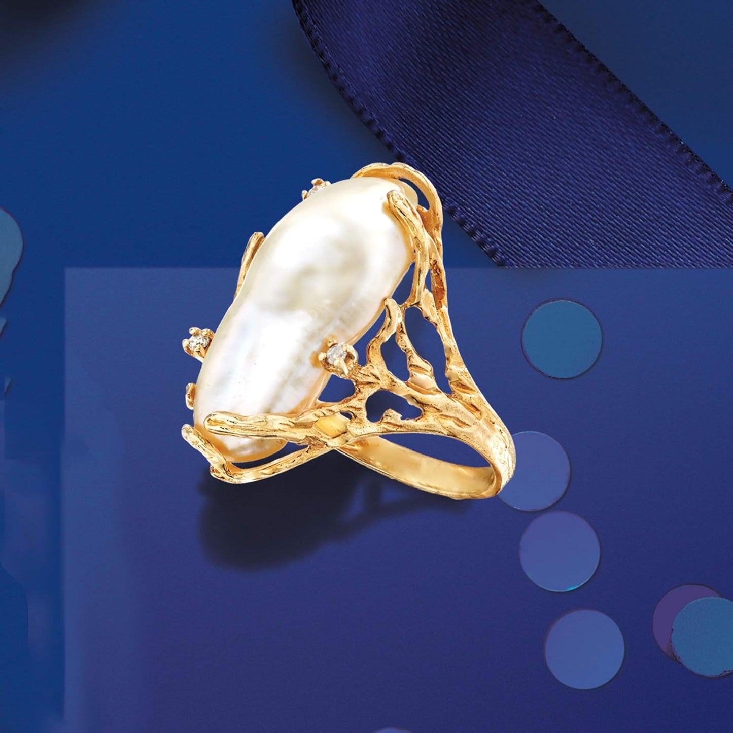 10X24Mm Cultured Baroque Pearl Ring with Diamond Accents in 14Kt Yellow Gold