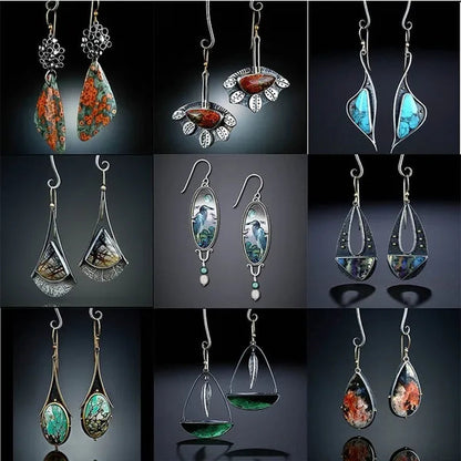 1 Pair Antique 925 Sterling Silver Pendant Earrings Natural Gemstone Inlay Dangle Earrings Bridal Engagement Wedding Anniversary Gift Bohemian Style Earrings