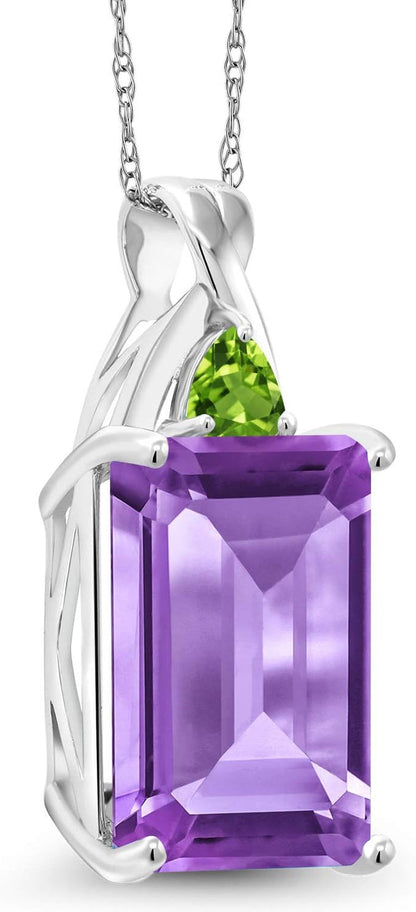 10K White Gold Purple Amethyst and Green Peridot Pendant Necklace, 7.26 Ct Emerald Cut with 18 Inch Chain