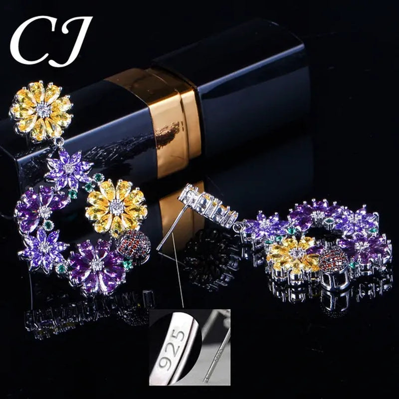 CANDICE Noble Purple Crystal Big Long Dropping Earrings Setting White Gold Plated Yellow Cubic Zirconia Graceful Floral Women Prom Party Jewelry With Sterling Silver Plated