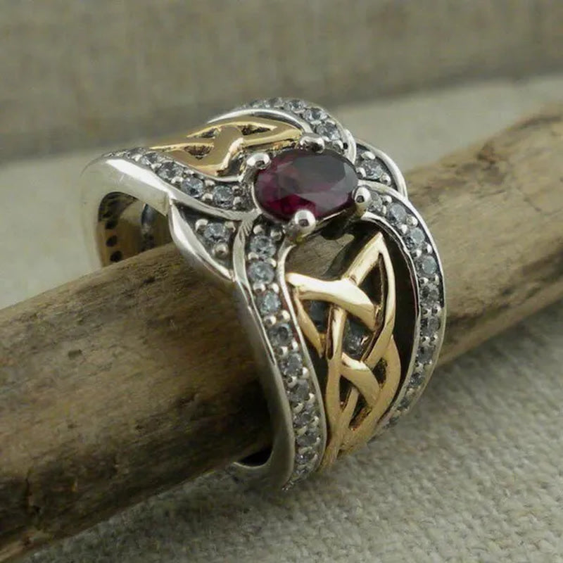 Vintage Women's Fashion Two Tone  Silver & Gold Red Ruby & Blue Sapphire Celtic Ring Anniversary Gift Engagement Bridal Wedding Jewelry Rings Size 5-10