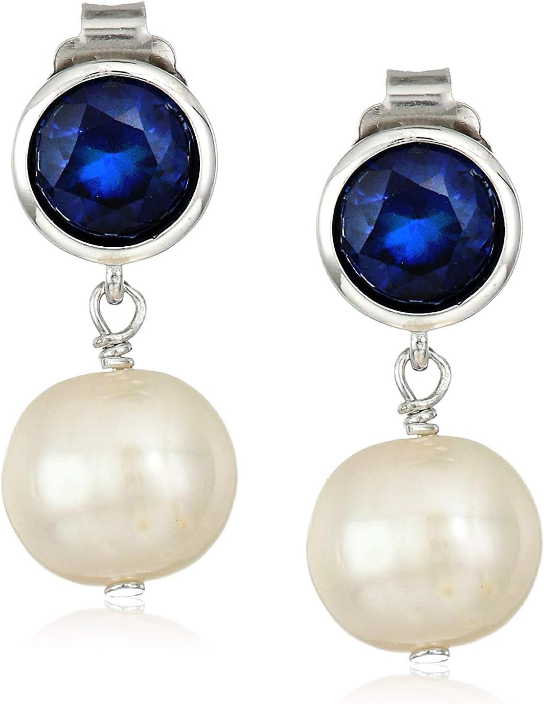 925 Sterling Silver Bezel-Set Gemstone Birthstone and 8Mm White Freshwater Cultured Pearl Post Drop Earrings