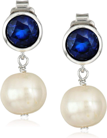 925 Sterling Silver Bezel-Set Gemstone Birthstone and 8Mm White Freshwater Cultured Pearl Post Drop Earrings
