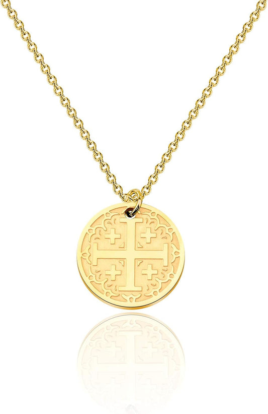 Jerusalem Crusaders Cross Disc Pendant Necklace Religious Jewelry Baptism Gift for Protection