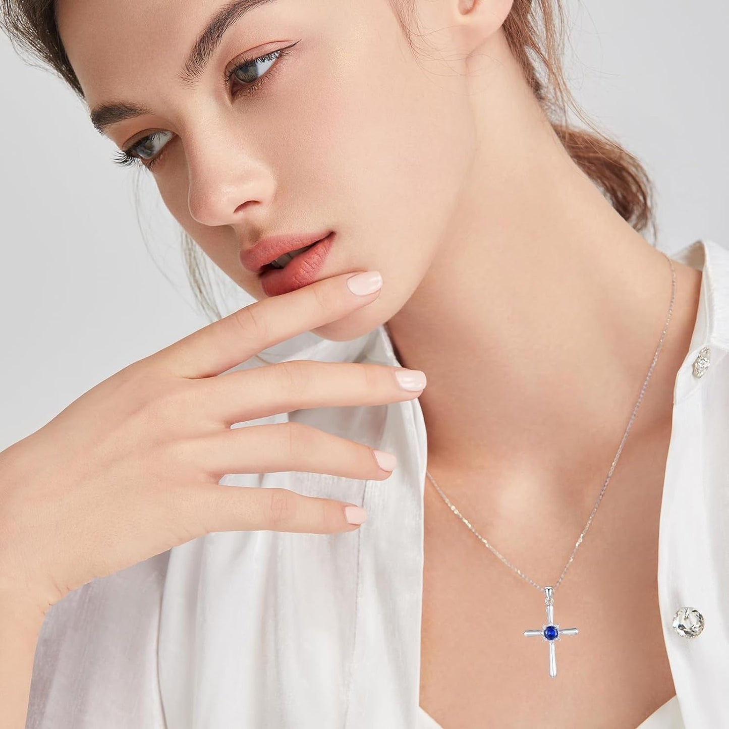 Birthstone Cross Necklace for Women Sterling Silver Birthstone Necklace Halo Infinity Cross Pendant Necklace Fine Jewelry Valentines Day Gifts Birthday Holiday Gifts for Her, 16"+2" Inches