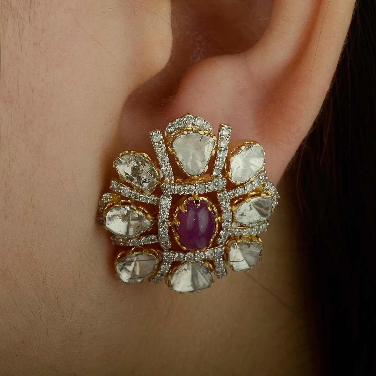 Solid 18K Yellow Gold Genuine Cabochon Ruby Diamond Art Deco Stud Earrings Certified Polki Diamond Earrings for Women