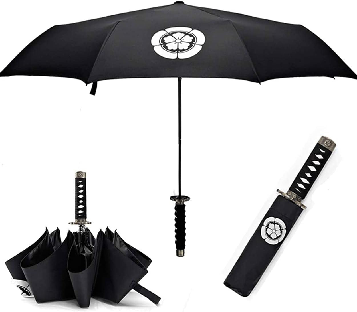 Samurai Katana Master Sword Hilt Handle Folding Umbrella Anime Portable Travel Japanese Ninja Compact Umbrellas Windproof, Black Glue anti UV, Business Birthday Gift for Men