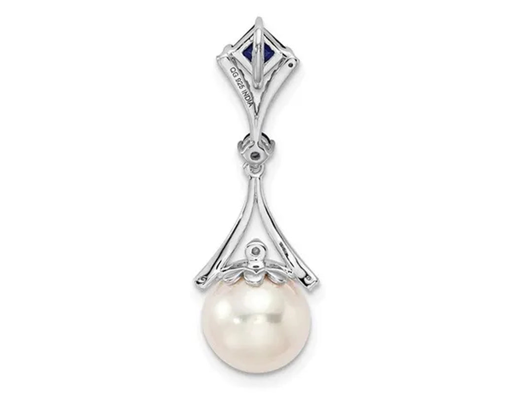 3/10 Carat (Ctw) Lab Created Blue Sapphire and 8Mm Freshwater Cultured Pearl Pendant Necklace in Sterling Silver with Chain
