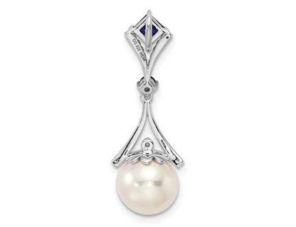 3/10 Carat (Ctw) Lab Created Blue Sapphire and 8Mm Freshwater Cultured Pearl Pendant Necklace in Sterling Silver with Chain