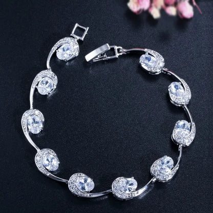 CANDICE Hot Sale Silver Hand Jewelry Classic Oval Red Crystal White Zircon Peacock Tennis Bracelet Bangle for Women Gift 18cm