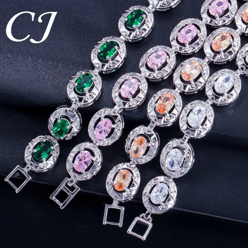CANDICE Silver Plated Link Chain Bracelets Round Green Crystal Fashion Jewelry For Lady（Extended Clasp）