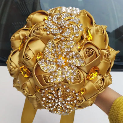 Private Custom 18CM Wedding Bouquet Luxury Gold Crystal Brooch Bride Bouquet Pure Handmade Silk Rose Ribbon Wedding Bride Holding Flowers Multi-Color Optional
