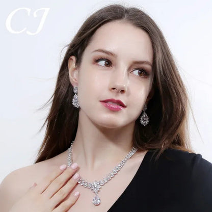 CANDICE Hand-Inlay Sparkling AAA+ CZ Stone Luxury Wedding Bridal Jewelry Set Classic Platinum Plated Water Drop Pendant Necklace Earrings for Women Party