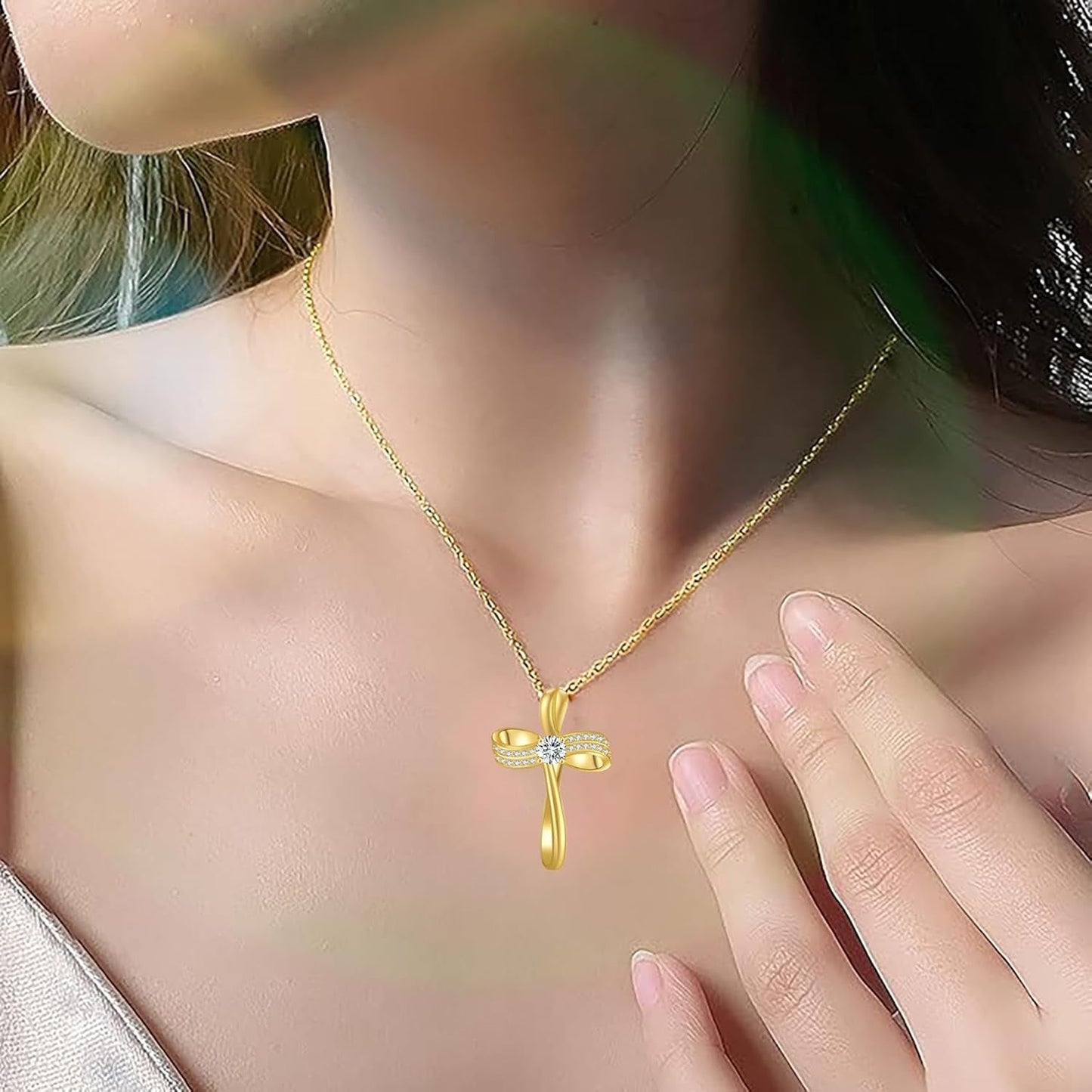 18K Gold Plated Cross Necklace for Women, S925 Sterling Silver Necklace for Women, Infinity Loop Pendant Jewelry with 5A Cubic Zirconia, Anniversary Birthday Christian Gifts for Women Her Wife