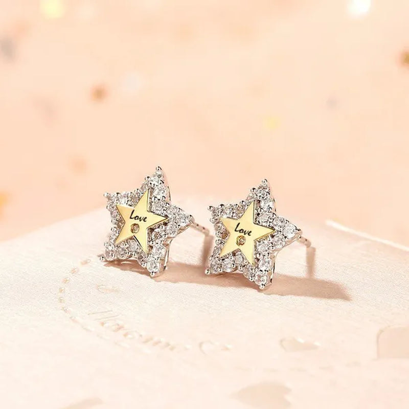 Temperament Ladies Fashion Shining Star 18K Yellow Love White Sapphire Diamond Earrings Ring