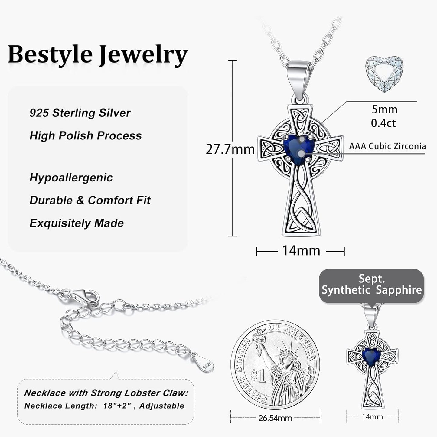 Vintage 925 Sterling Silver Celtic Cross/Triquetra Necklace with 12 Month Heart Gemstone, Dainty Heart Birthstone Necklace Faith Irish Amulet Lucky Jewelry Birthday Gift for Women Girls…