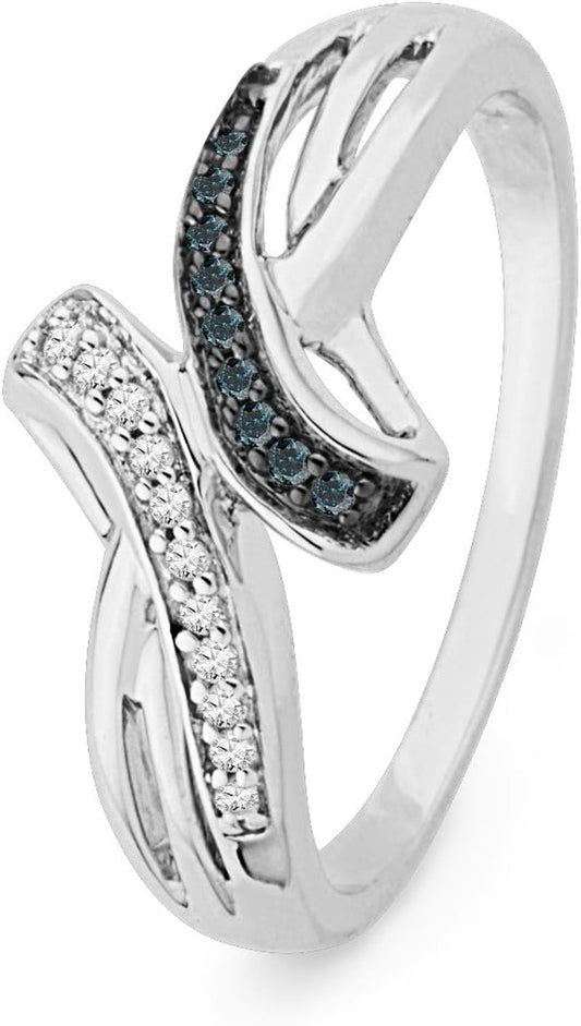 10KT White Gold Blue and White round Diamond Bypass Ring (1/10 Cttw)