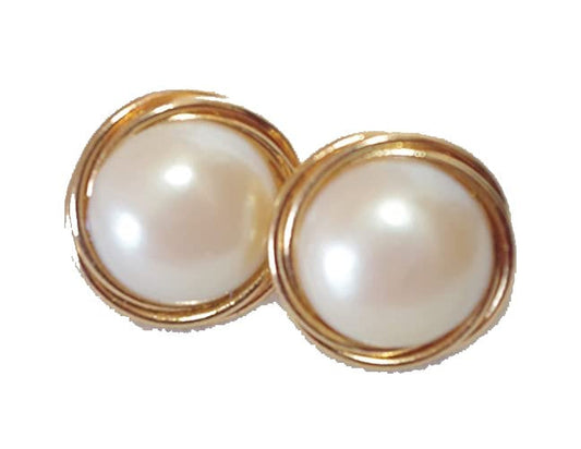 In Memory of Ruth Bader RBG Majorca Golden Pearl round Dome 19 MM Stud Earrings 14K Gold Filled Made by Hobe Company