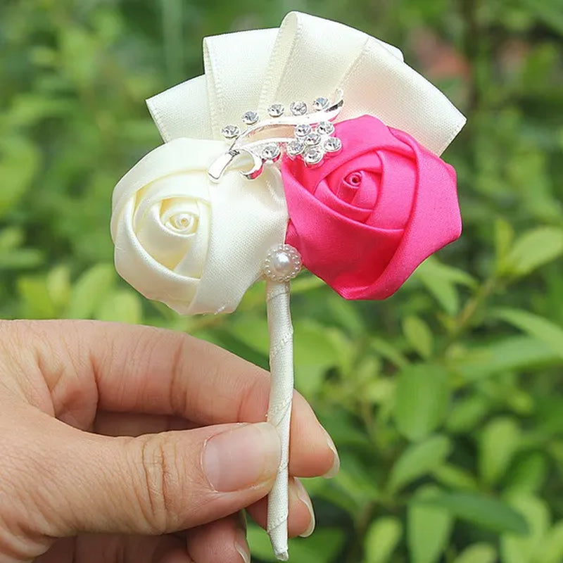 Handmade 8piece/lot Colorful Silk Rose Wedding Corsages Boutonniere Groom Diamond Wedding Flowers Boutonniere Brooch Flower