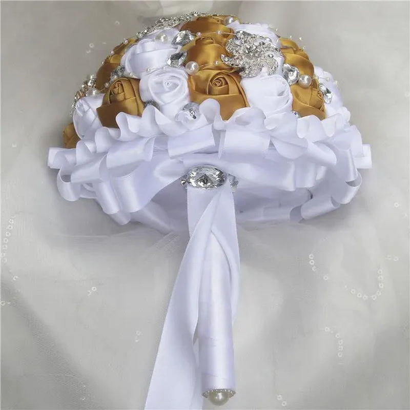 Bride Wedding Bouquet Ivory Gold Rose Flower Crystal Brooch Bouquet Flowers Diameter 18CM