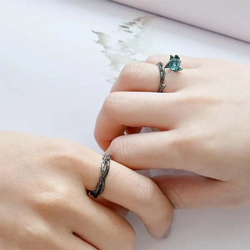 Black Rose Bud Creative Lovers Silver Ring and Ring Thorn Personality Opening Lovers Ring Couple Ring