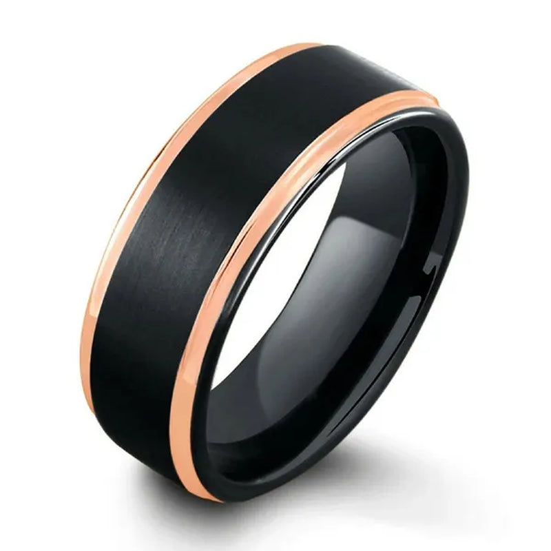 Men's black tungsten ring with rose gold edge plating wedding band for men jewelry ring size 6-13