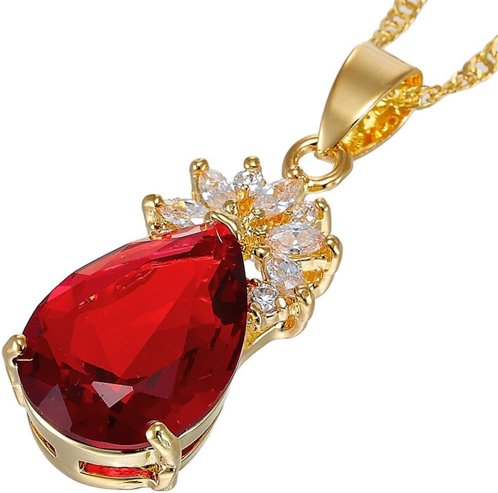Pendant with 18" Chain & Pear Cut CZ [5 Colors Available] in Yellow Gold Plated, Simple Modern Elegant